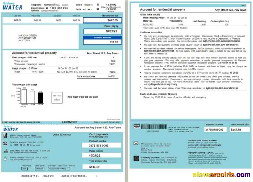 Australia Sydney Water utility bill, 2 pages